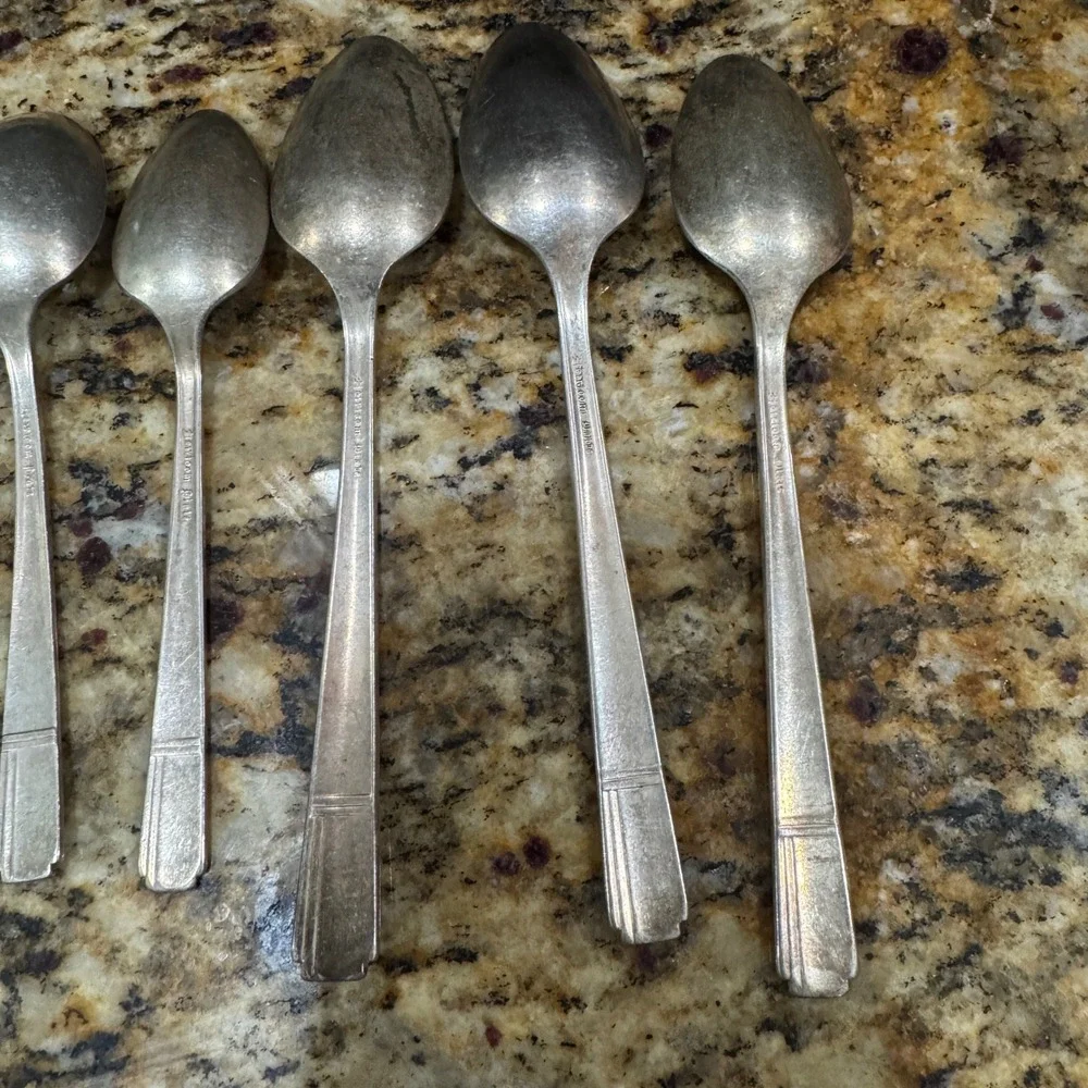 Vintage Simeon L & George H Rogers Silver Plate Spoons Set of 7 Art Deco Floral